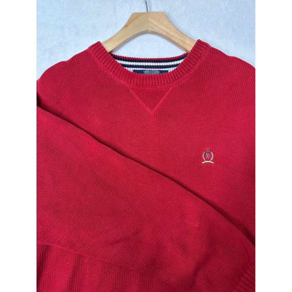 Tommy Hilfiger Red Cotton Crew Neck Knit Sweater Men's Classic Logo XL